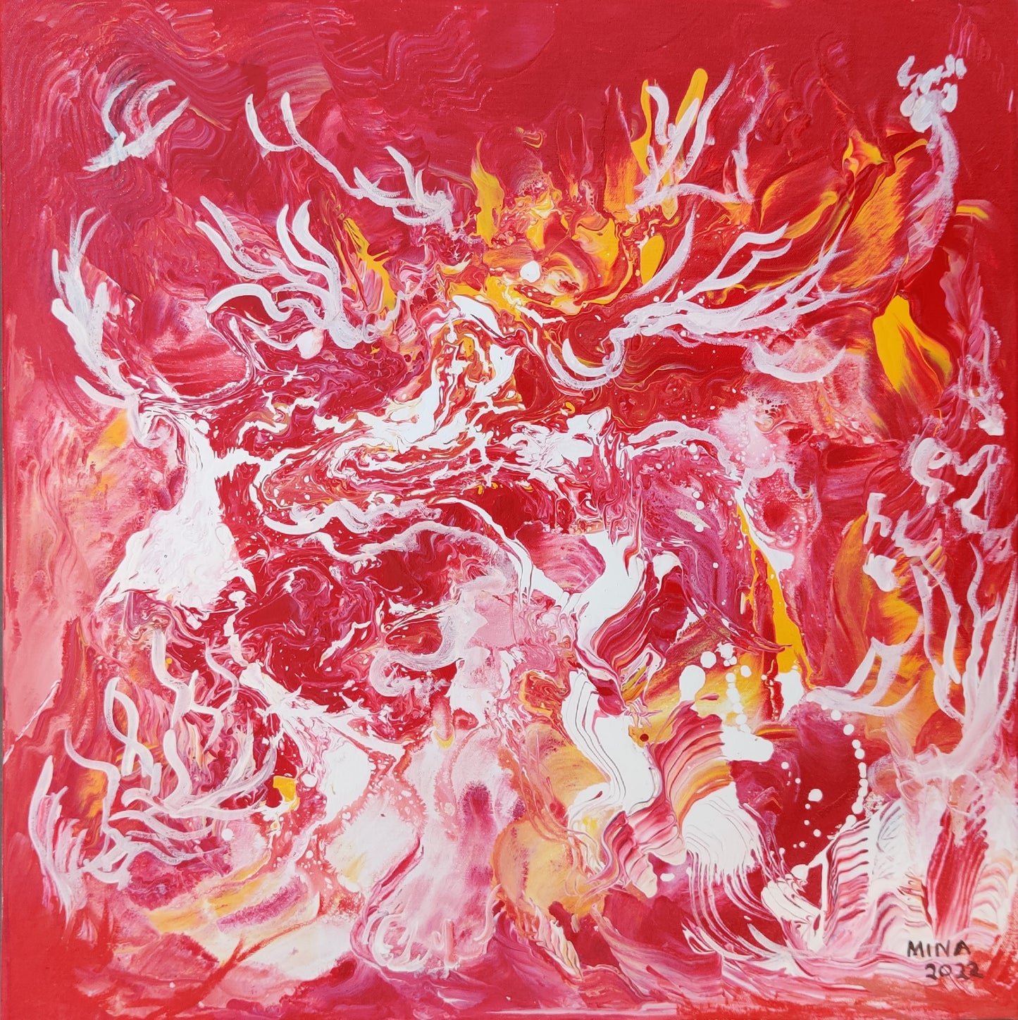 An original abstract acrylic painting by MINA, created in 2022. Part of the Aspects of Love Collection — a series exploring emotion, movement, passion, connection, and transformation through expressive colour and fluid mark-making.