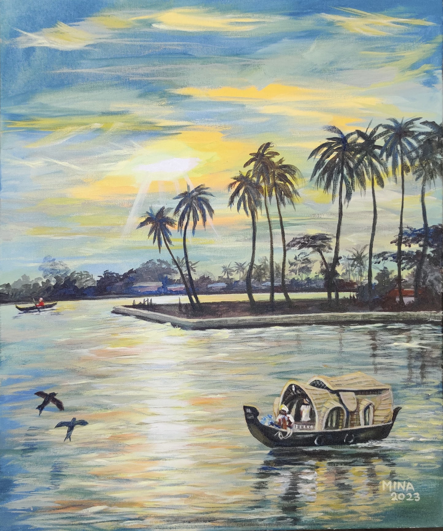 MINA's expressive brushwork renders the sky in soft sweeps of blue, gold, and white — a sky caught between afternoon and evening, where the sun dissolves behind a canopy of tall palms. The water below mirrors the light with a warm, shimmering glow, creating a sense of stillness and depth that draws the eye inward.