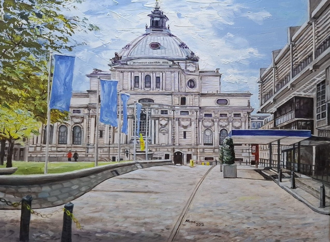 A cinematic view of Methodist Central Hall Westminster, captured at its centenary year. The grand Baroque façade is rendered with textured palette knife strokes, evoking the weight of history and the quiet energy of a London morning. Blue flags flutter against a luminous sky, drawing the eye toward the iconic dome.