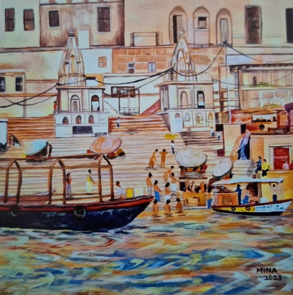“Morning rituals along the River Ganges in Varanasi, contemporary landscape painting by MINA inspired by devotion, light, and spiritual atmosphere.”
