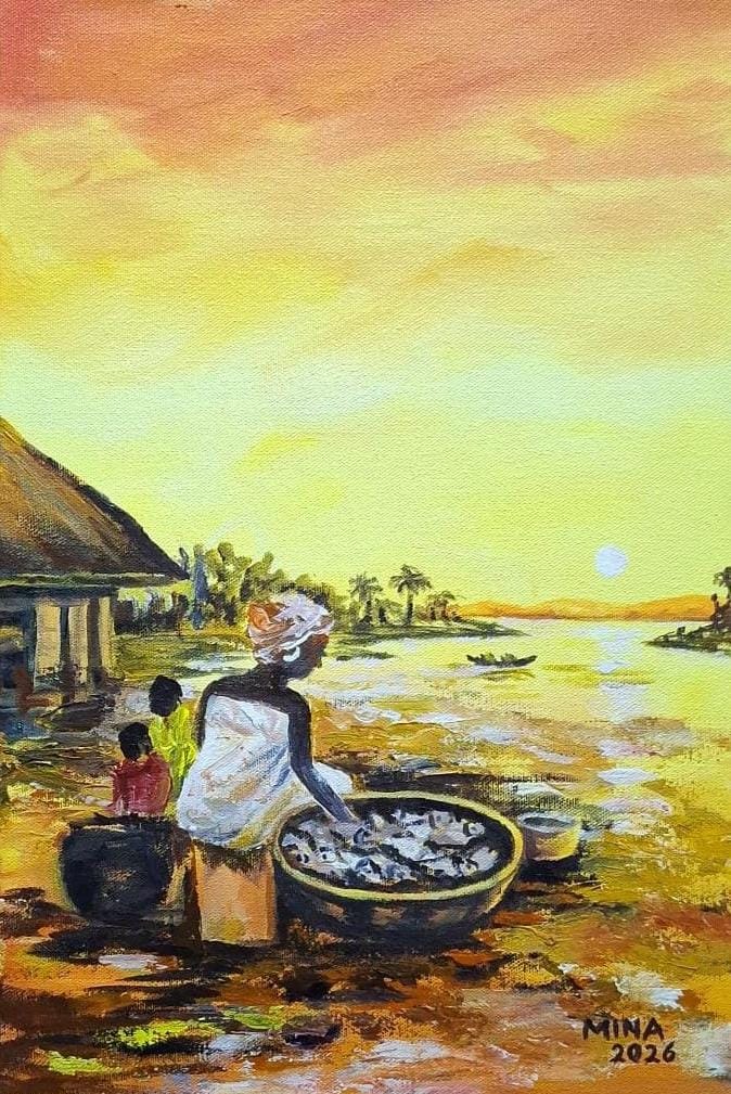 Original acrylic painting by MINA of a Ghanaian woman seated with fish and children beside a waterside landscape.