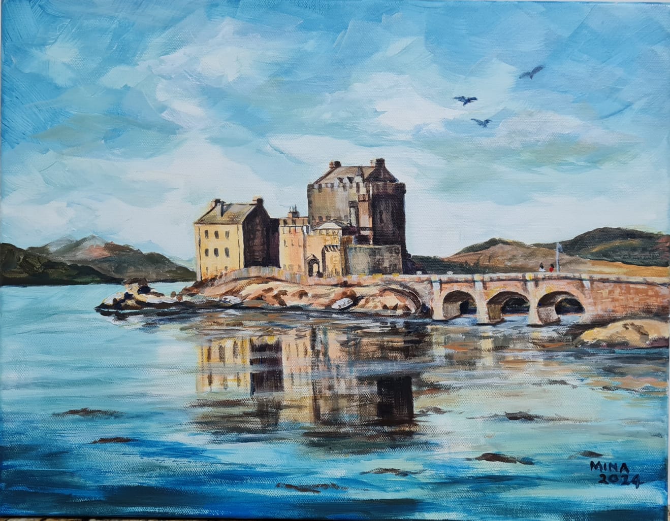 One of Scotland's most iconic landmarks, Eilean Donan Castle rises from a small island at the confluence of three sea lochs, its ancient stone walls mirrored in the still, blue waters below. In this work, the castle is rendered by MINA with quiet drama — warm golden tones of the stonework contrasting against a sweeping, cloud-filled sky, while two birds drift overhead in the distance.