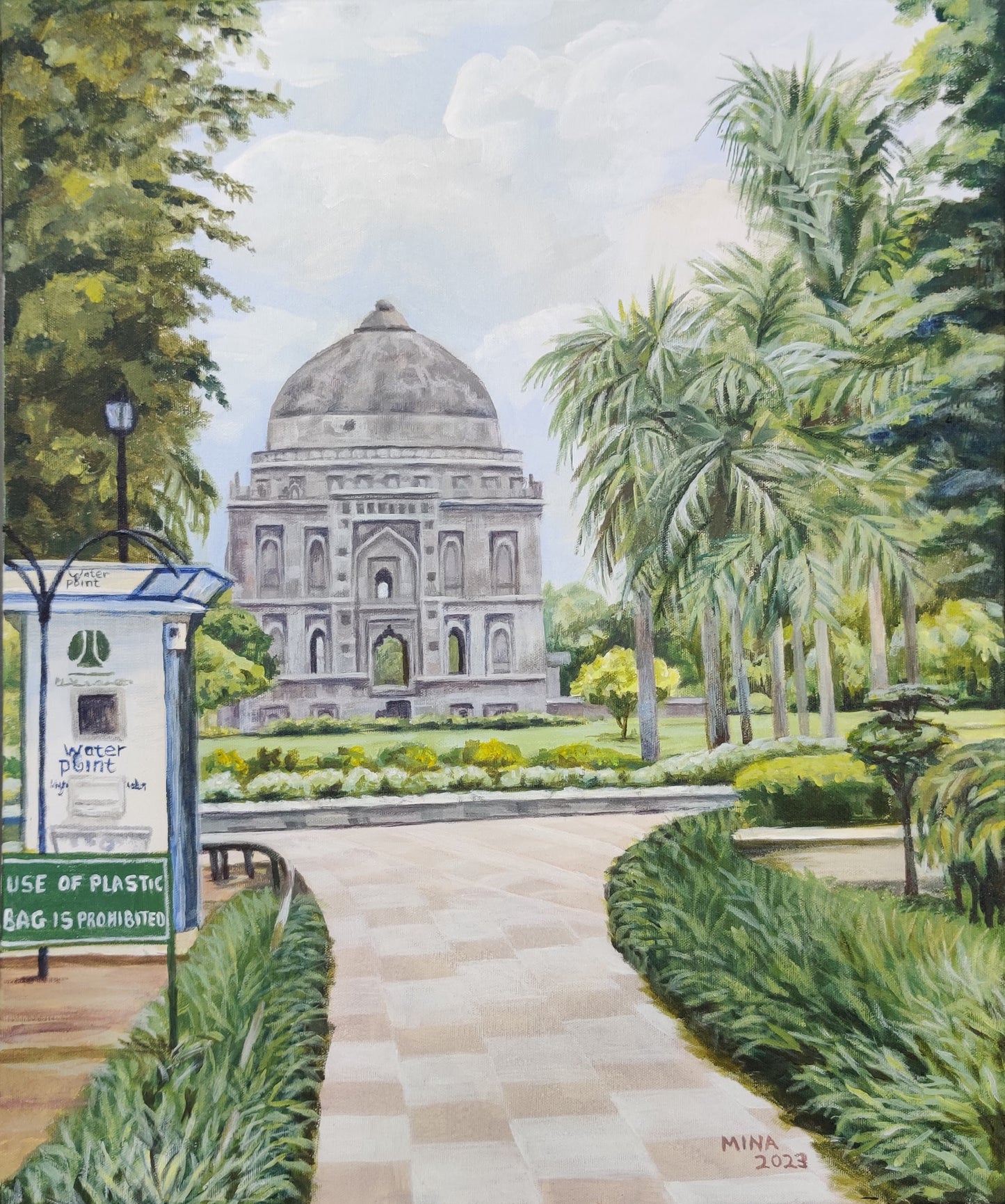 MINA leads the viewer into the scene along a broad paved pathway, flanked by clipped hedgerows and flowering borders. To the left, a blue water point kiosk and a green sign reading "Use of Plastic Bag is Prohibited" ground the painting in the living, breathing reality of contemporary India — a place where ancient heritage and modern civic life coexist with quiet charm.