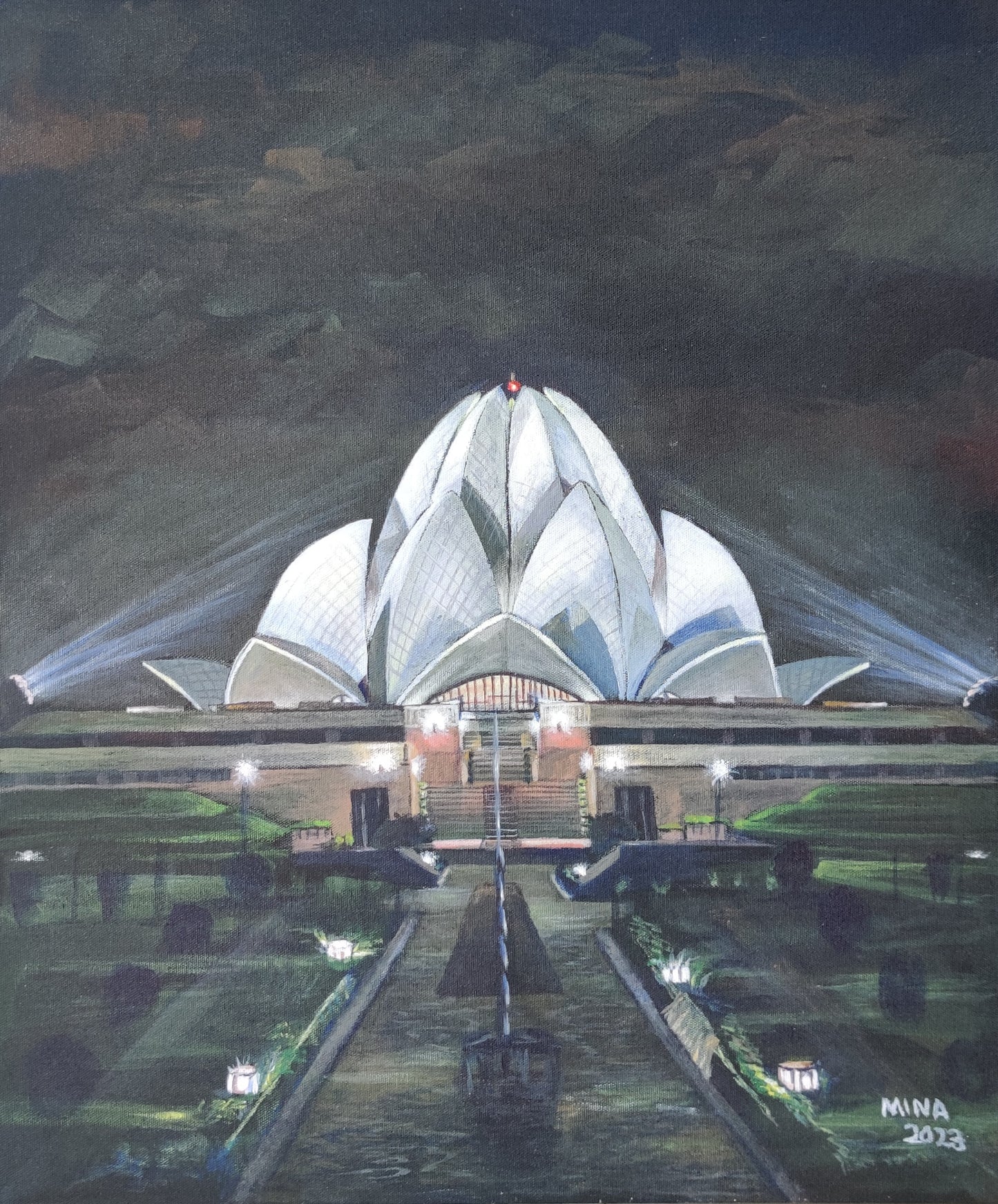 “Lotus Temple in New Delhi, contemporary architectural painting by MINA inspired by light, geometry, and spiritual atmosphere.”