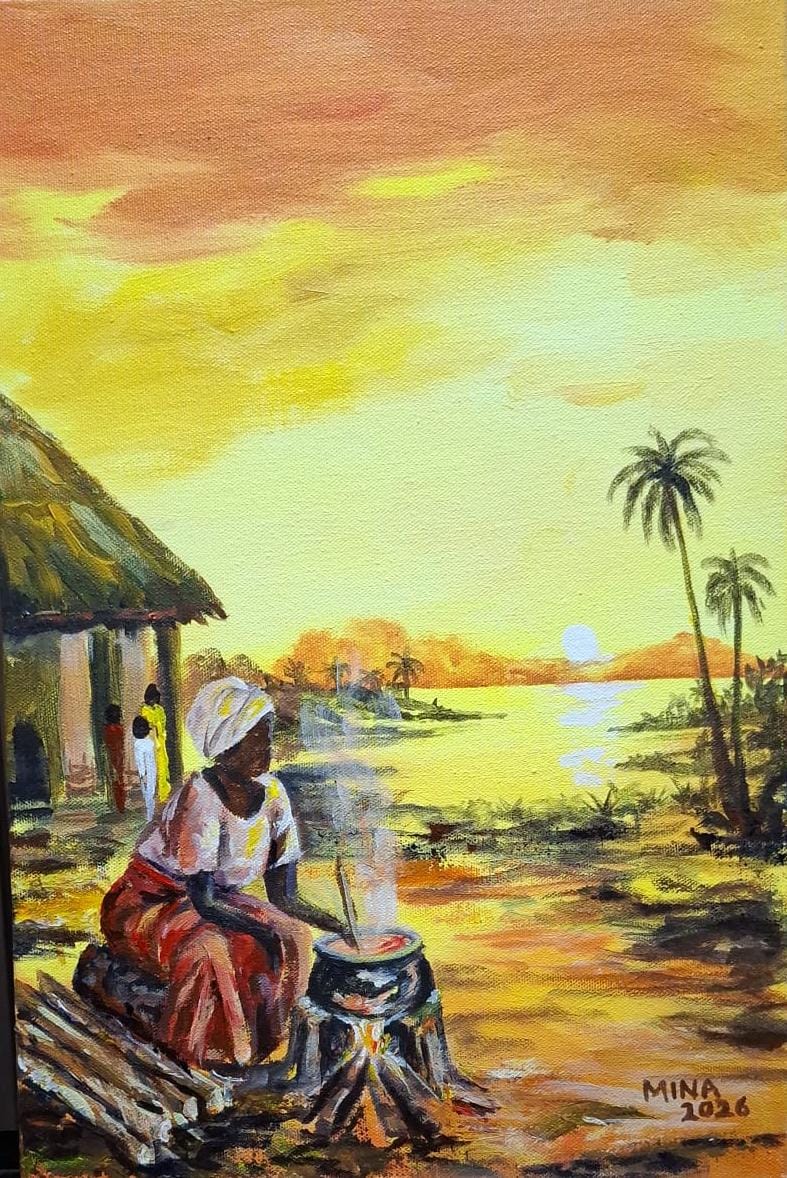 Original acrylic painting by MINA depicting a Ghanaian woman cooking over a traditional firewood stove in a sunset landscape.