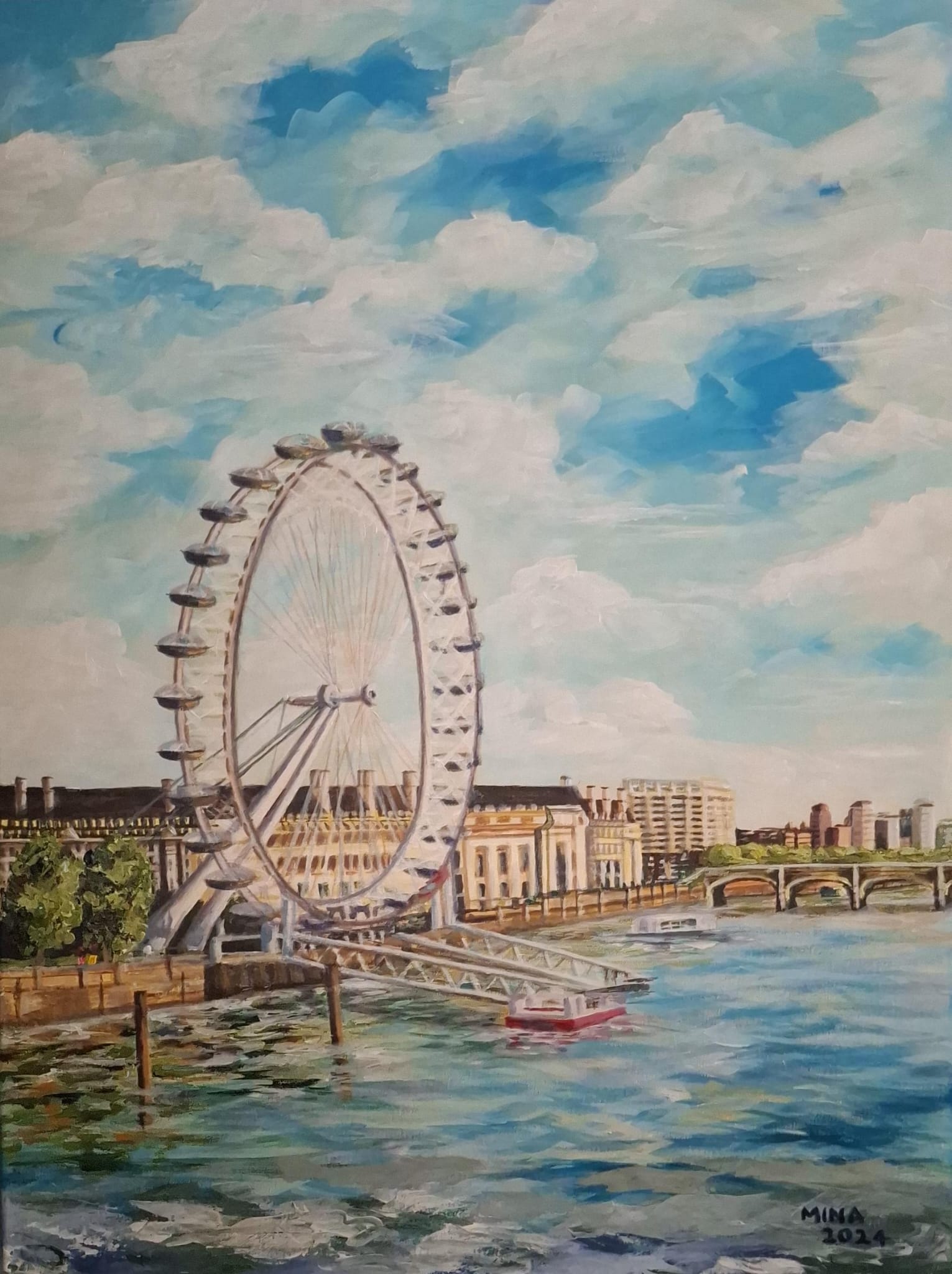 Acrylic painting by MINA of the London Eye beside the River Thames, with boats, cloudy sky, water reflections, and London architecture.
