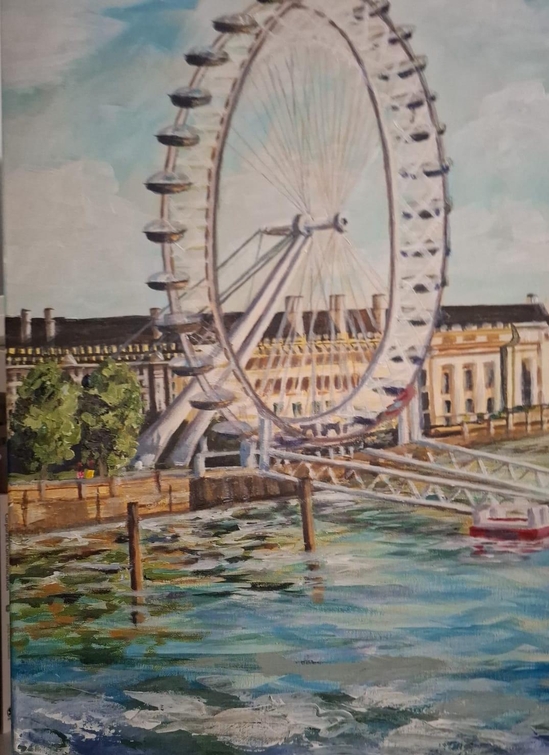 Acrylic painting by MINA of the London Eye beside the River Thames, with boats, cloudy sky, water reflections, and London architecture.