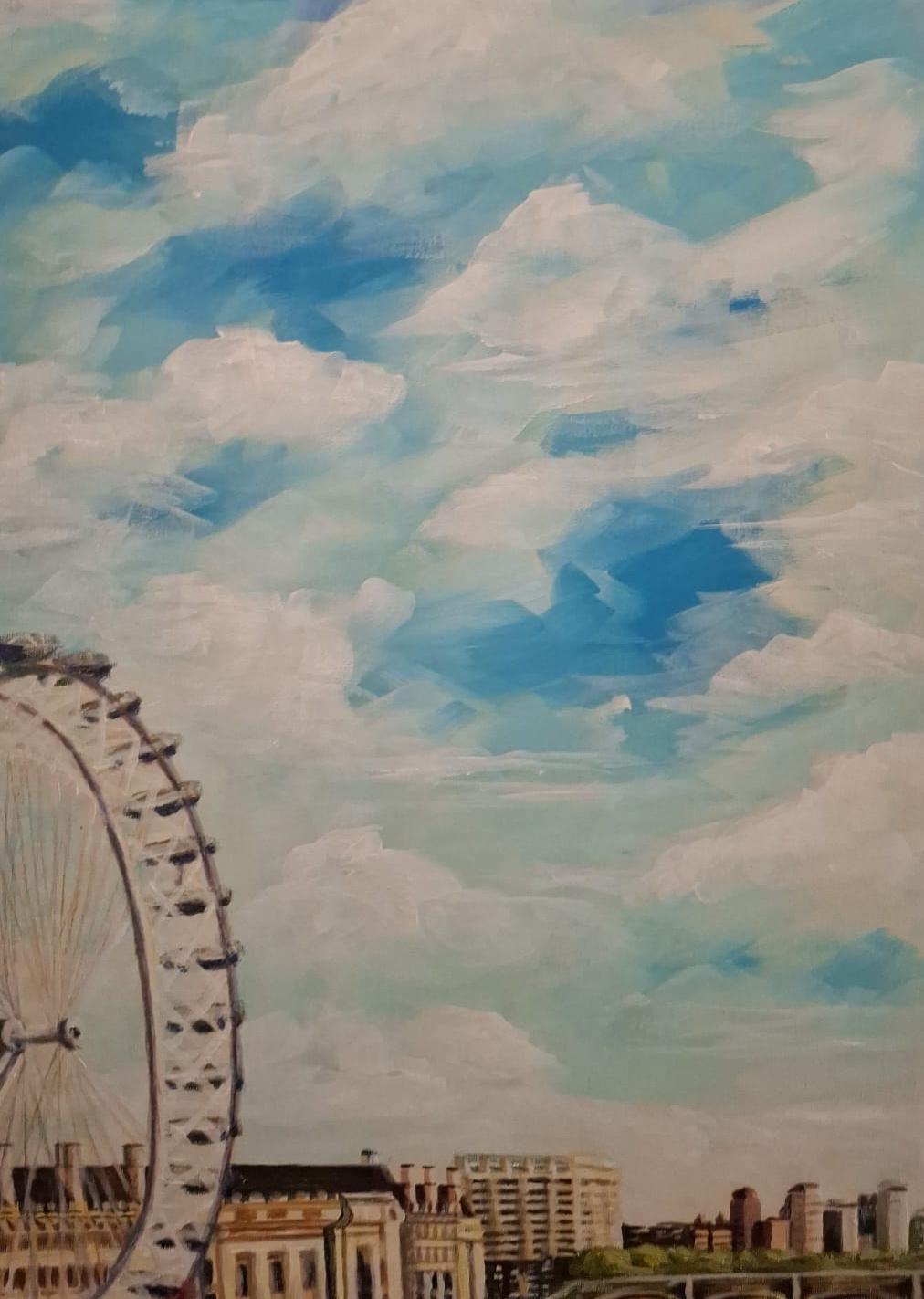 Acrylic painting by MINA of the London Eye beside the River Thames, with boats, cloudy sky, water reflections, and London architecture.