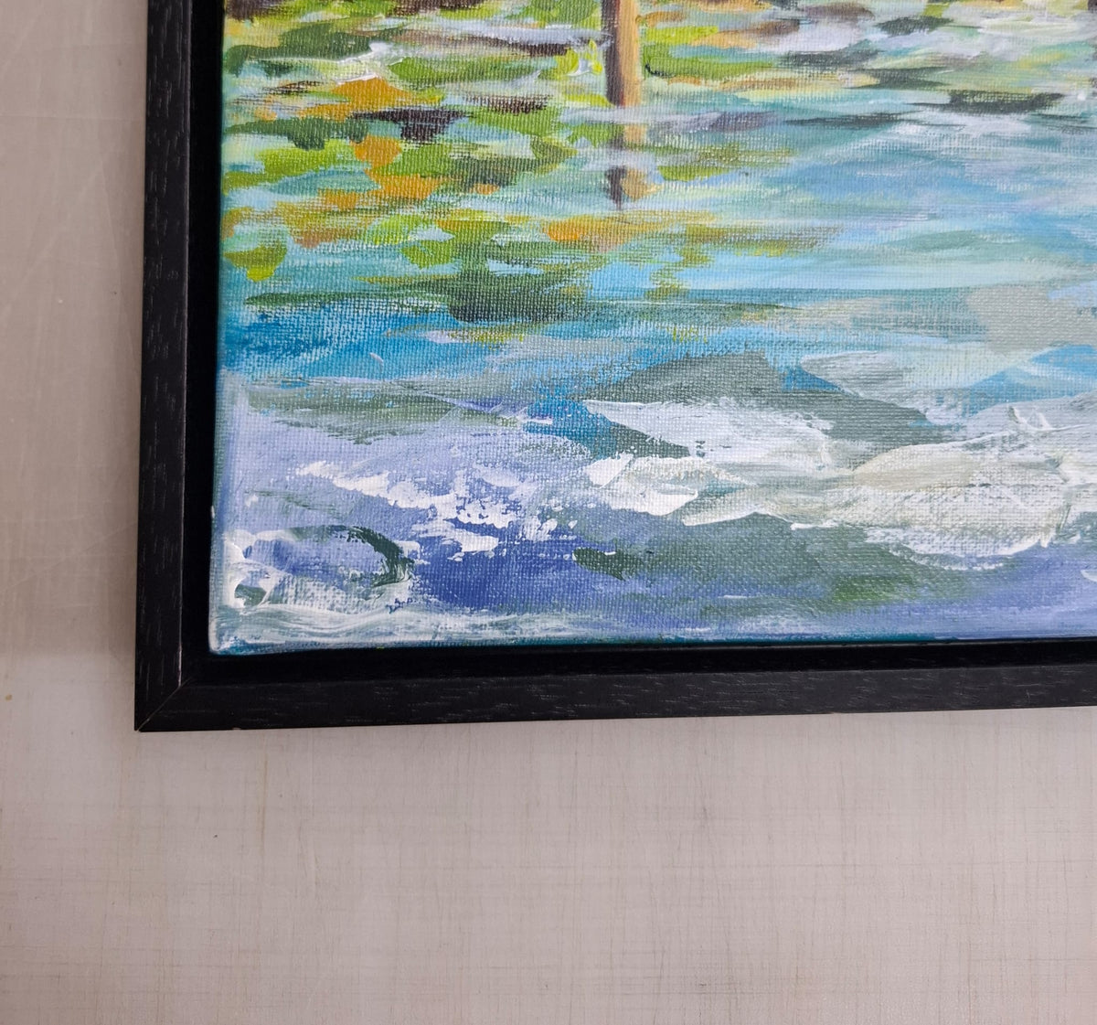  Framed Acrylic painting by MINA of the London Eye beside the River Thames, with boats, cloudy sky, water reflections, and London architecture. Close Up