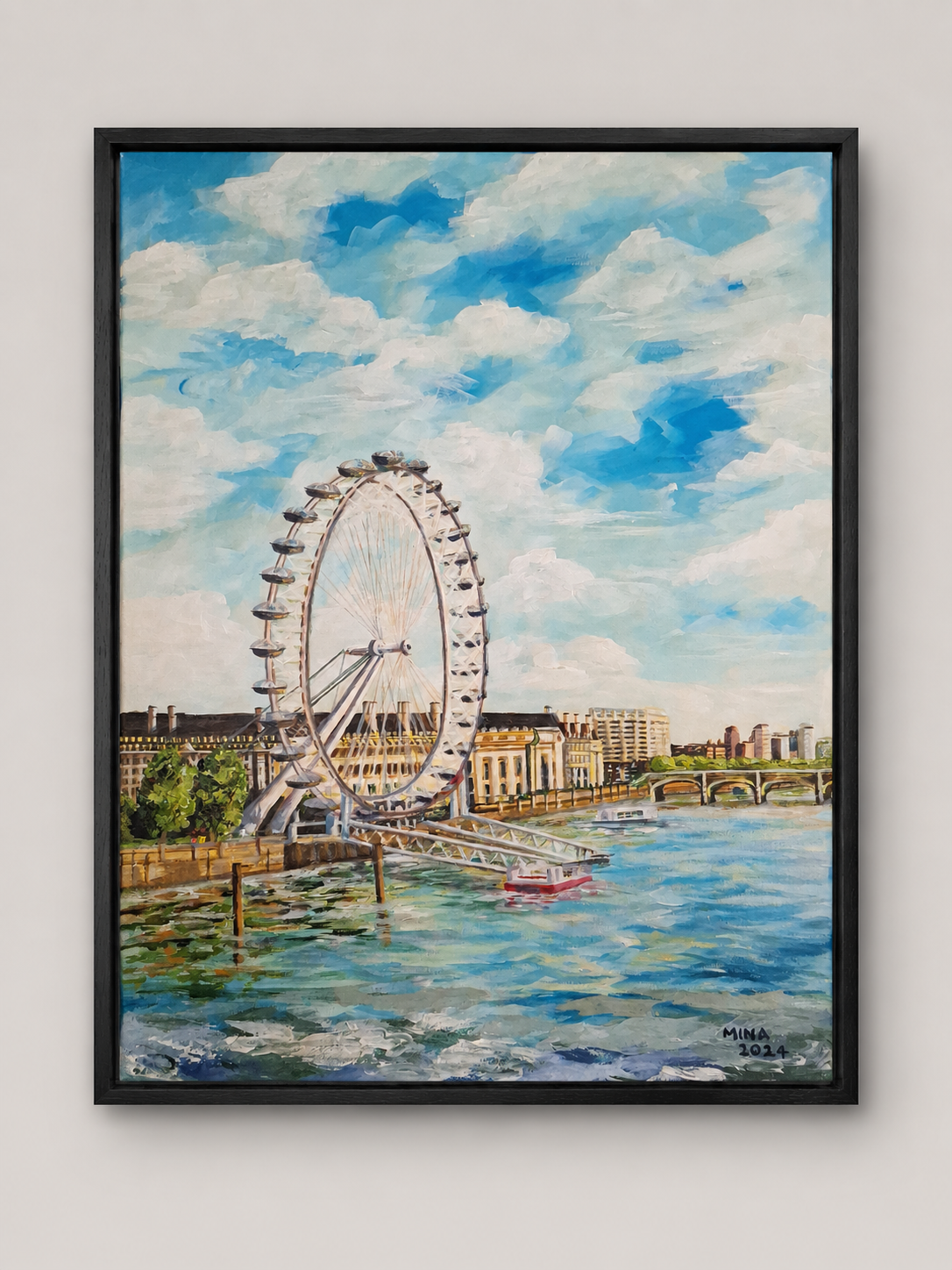 Framed Acrylic painting by MINA of the London Eye beside the River Thames, with boats, cloudy sky, water reflections, and London architecture.