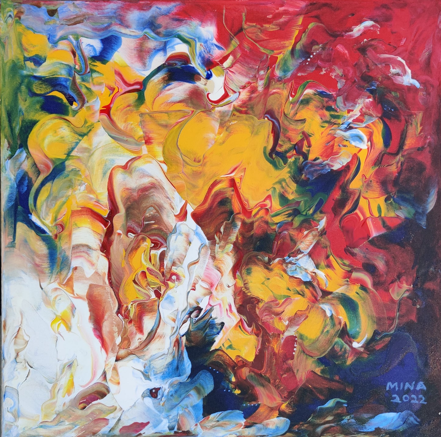 An original abstract acrylic painting by MINA, created in 2022. Part of the Aspects of Love Collection — a series exploring emotion, movement, passion, connection, and transformation through expressive colour and fluid mark-making.