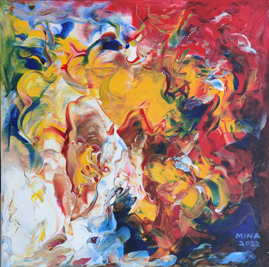 An original abstract acrylic painting by MINA, created in 2022. Part of the Aspects of Love Collection — a series exploring emotion, movement, passion, connection, and transformation through expressive colour and fluid mark-making.