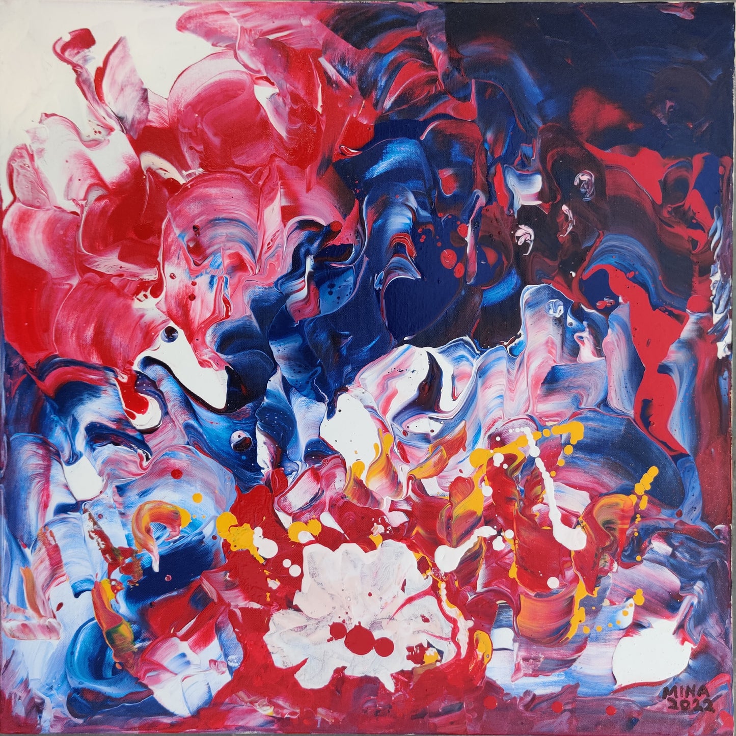 An original abstract acrylic painting by MINA, created in 2022. Part of the Aspects of Love Collection — a series exploring emotion, movement, passion, connection, and transformation through expressive colour and fluid mark-making.