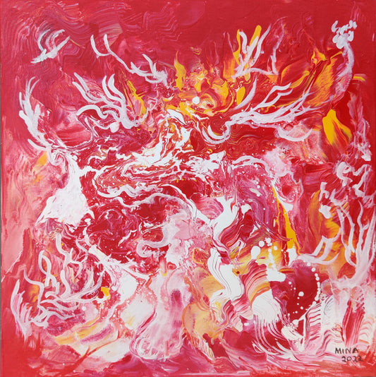An original abstract acrylic painting by MINA, created in 2022. Part of the Aspects of Love Collection — a series exploring emotion, movement, passion, connection, and transformation through expressive colour and fluid mark-making.