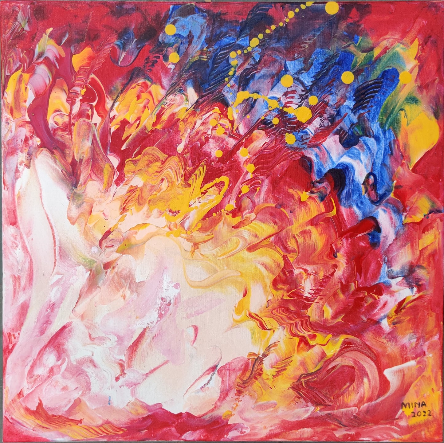 An original abstract acrylic painting by MINA, created in 2022. Part of the Aspects of Love Collection — a series exploring emotion, movement, passion, connection, and transformation through expressive colour and fluid mark-making.
