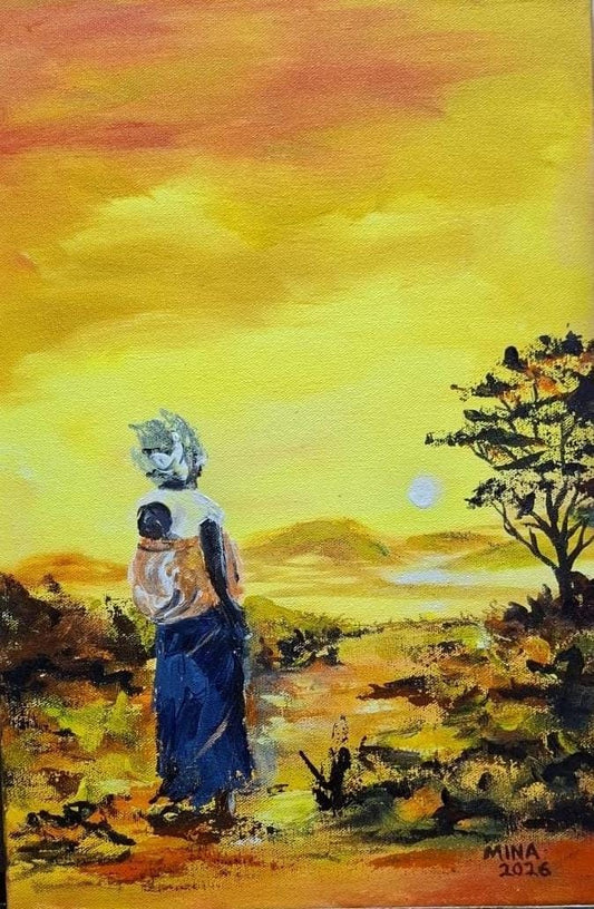 Original painting by MINA depicting a Ghanaian mother carrying a child on her back within a warm sunset landscape.