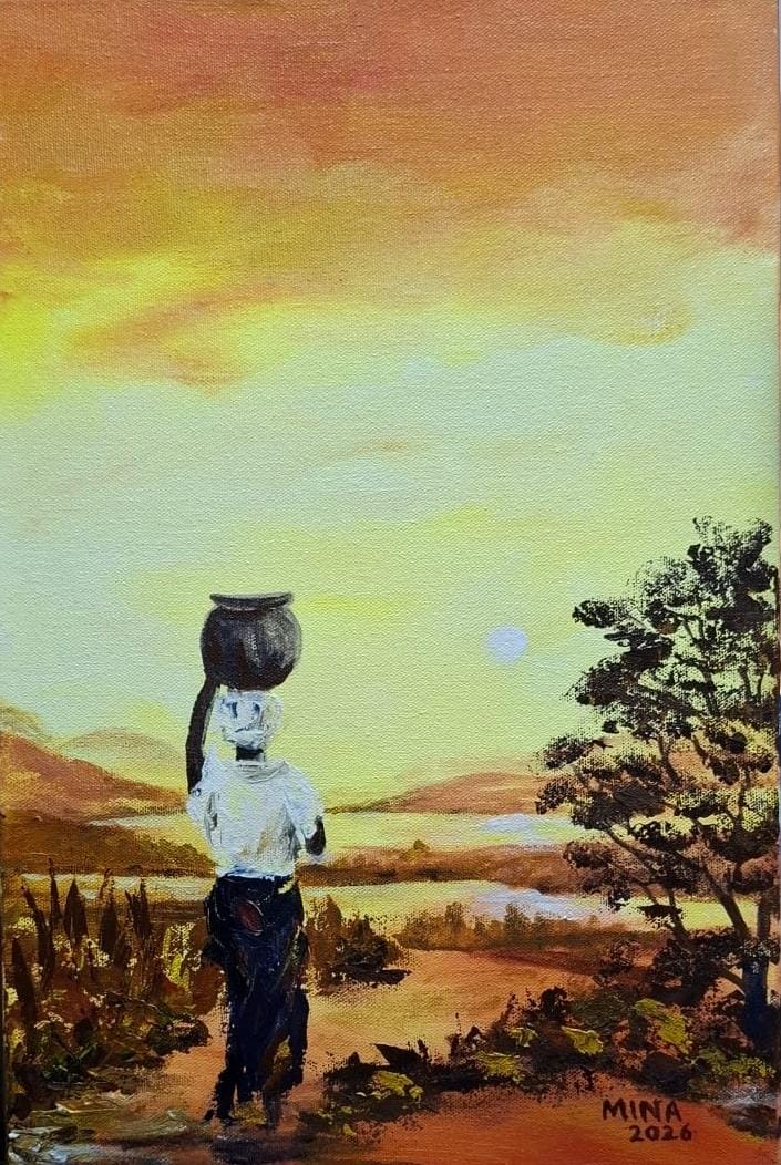 Original acrylic painting by MINA showing a Ghanaian woman carrying a vessel through a warm rural landscape at sunset.