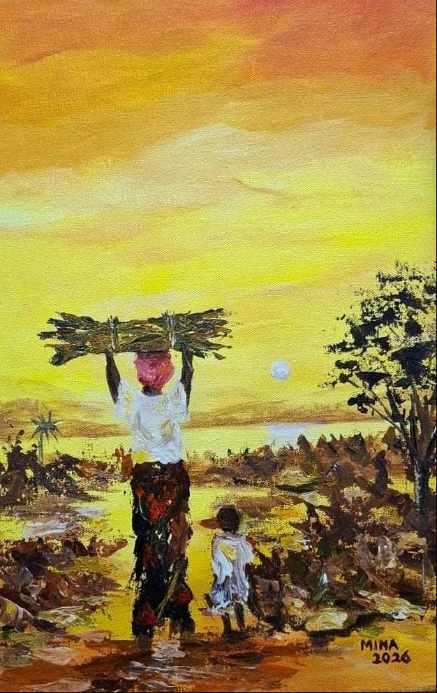 Original acrylic painting by MINA showing a Ghanaian woman carrying firewood above her head with a child beside her at sunset.