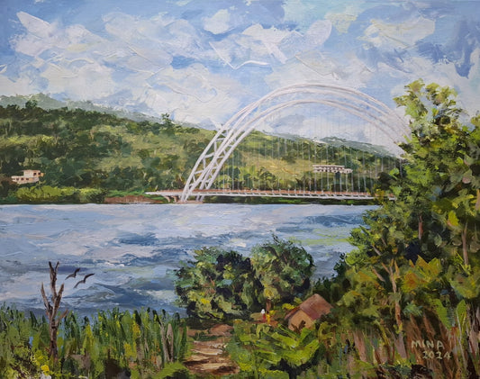 Bridge of Connection — Adomi Bridge by MINA, an original Ghana Heritage painting showing Adomi Bridge over the Volta River, surrounded by hills, water, trees and lush Ghanaian landscape.
