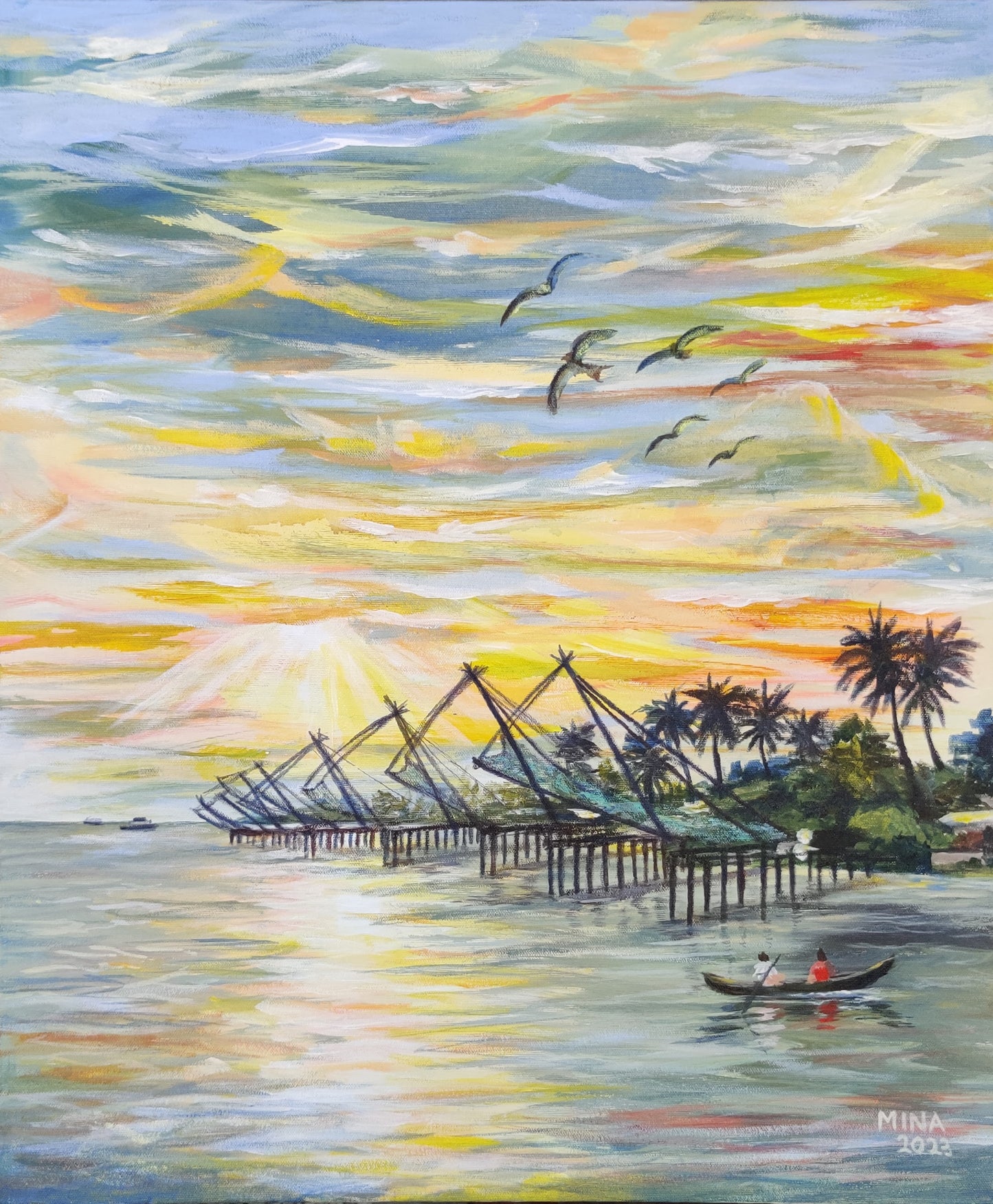 MINA's expressive brushwork brings the sky alive with sweeping arcs of gold, amber, and soft blue — a sky that seems to breathe. Seabirds drift overhead, a lone fisherman paddles quietly across the foreground, and the warm light dissolves into the reflective surface of the water below. The scene is both timeless and intimate.