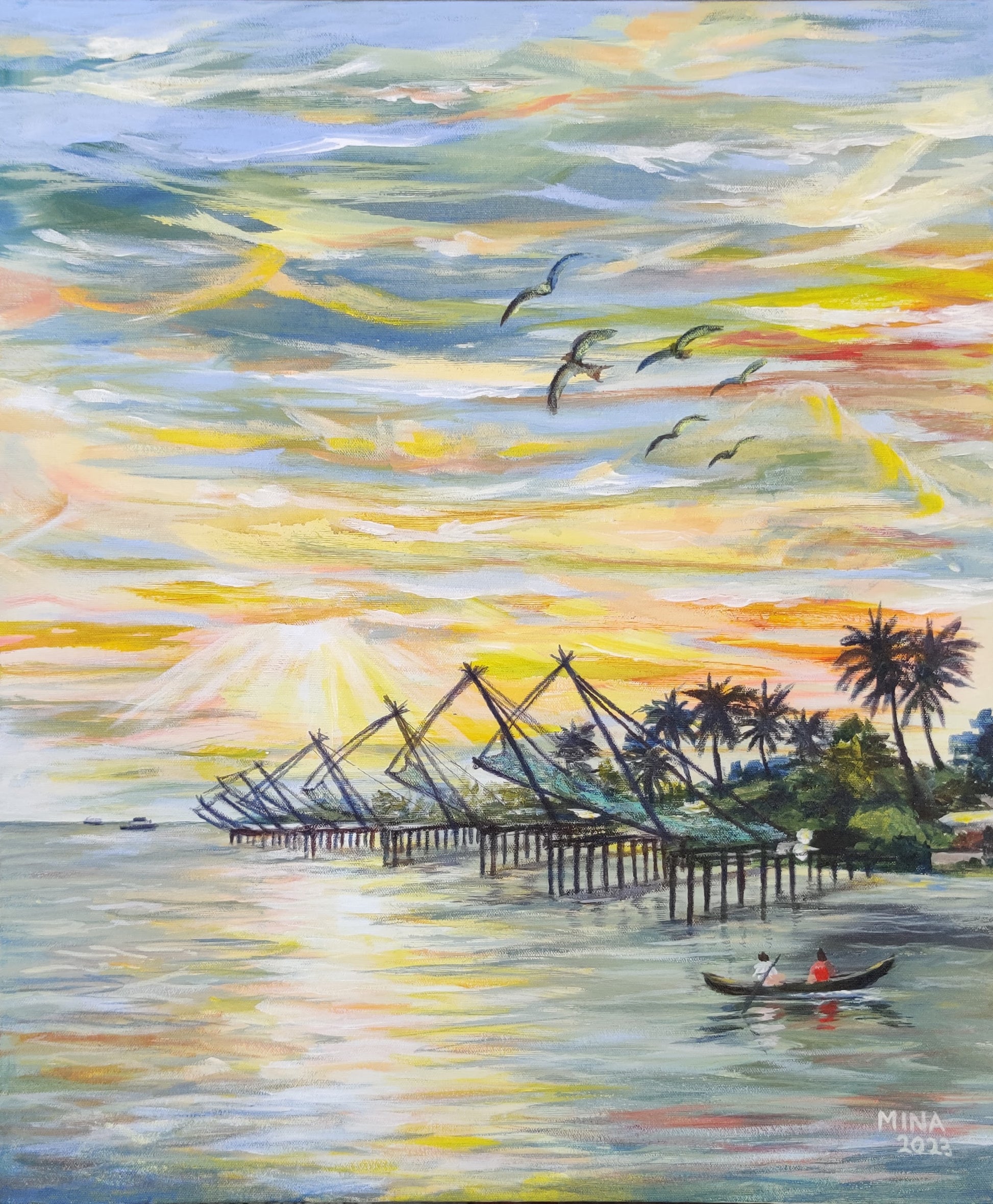 MINA's expressive brushwork brings the sky alive with sweeping arcs of gold, amber, and soft blue — a sky that seems to breathe. Seabirds drift overhead, a lone fisherman paddles quietly across the foreground, and the warm light dissolves into the reflective surface of the water below. The scene is both timeless and intimate.