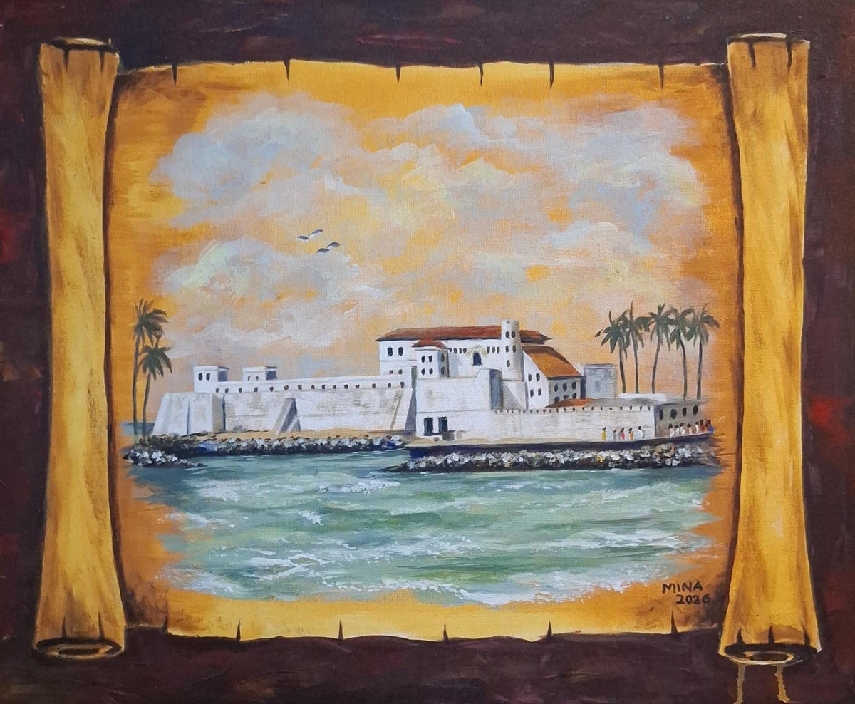 Original acrylic painting by MINA depicting Elmina Castle and the Ghanaian coastline within an aged heritage scroll design.