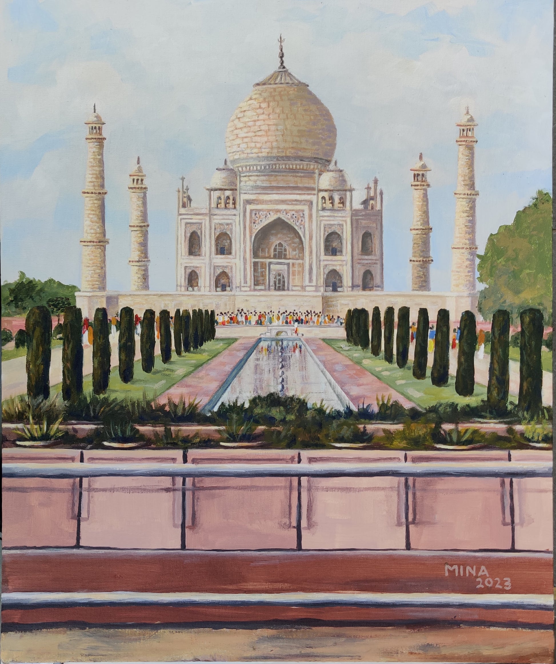 “Taj Mahal reflected at dawn in Agra, contemporary heritage painting by MINA inspired by atmosphere, symmetry, and timeless architecture.”