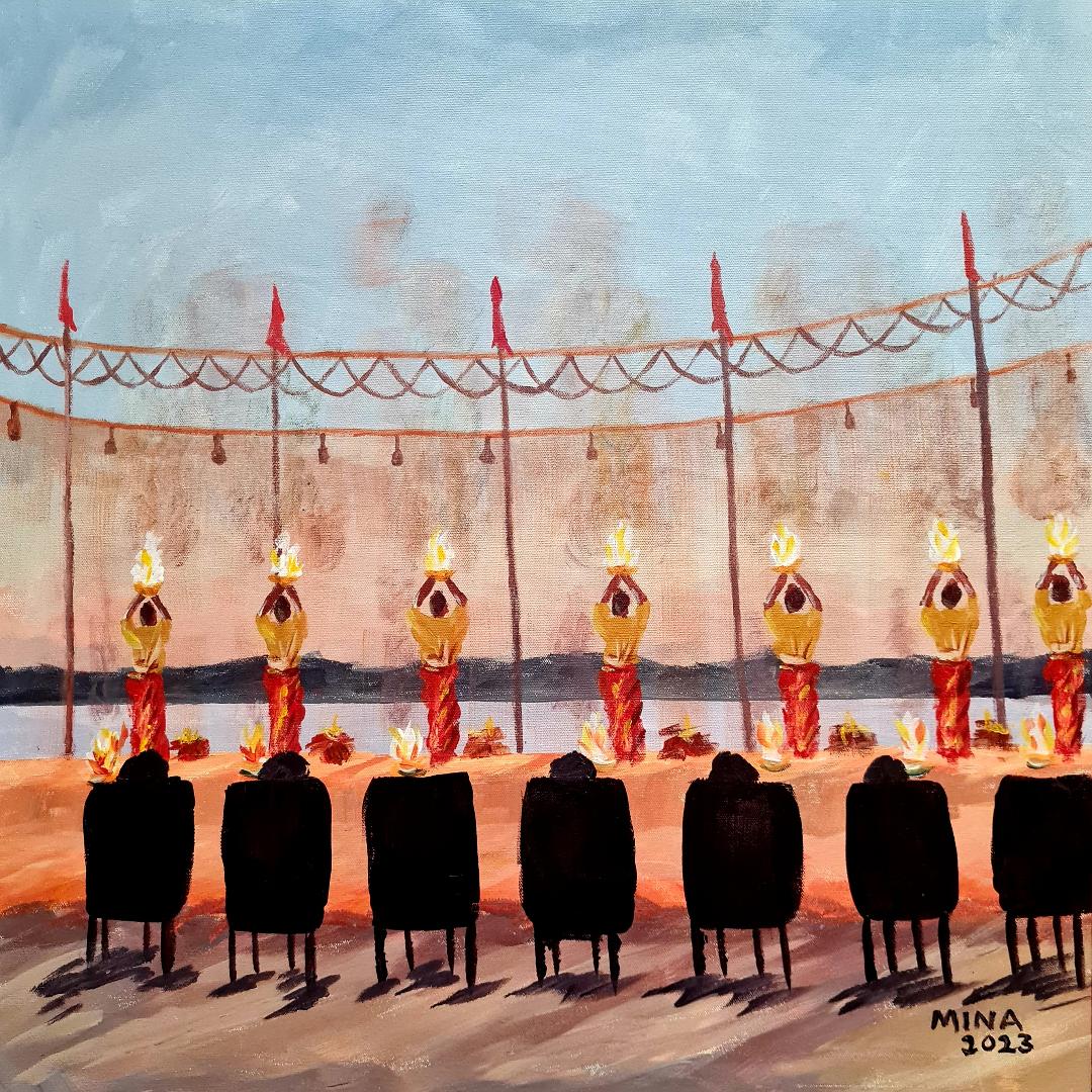 Ganga Aarti ceremony in Varanasi,  Original acrylic painting by MINA inspired by the artist's experience of the Ganga Aarti ceremony in Varanasi, India. Part of The Varanasi Collection.