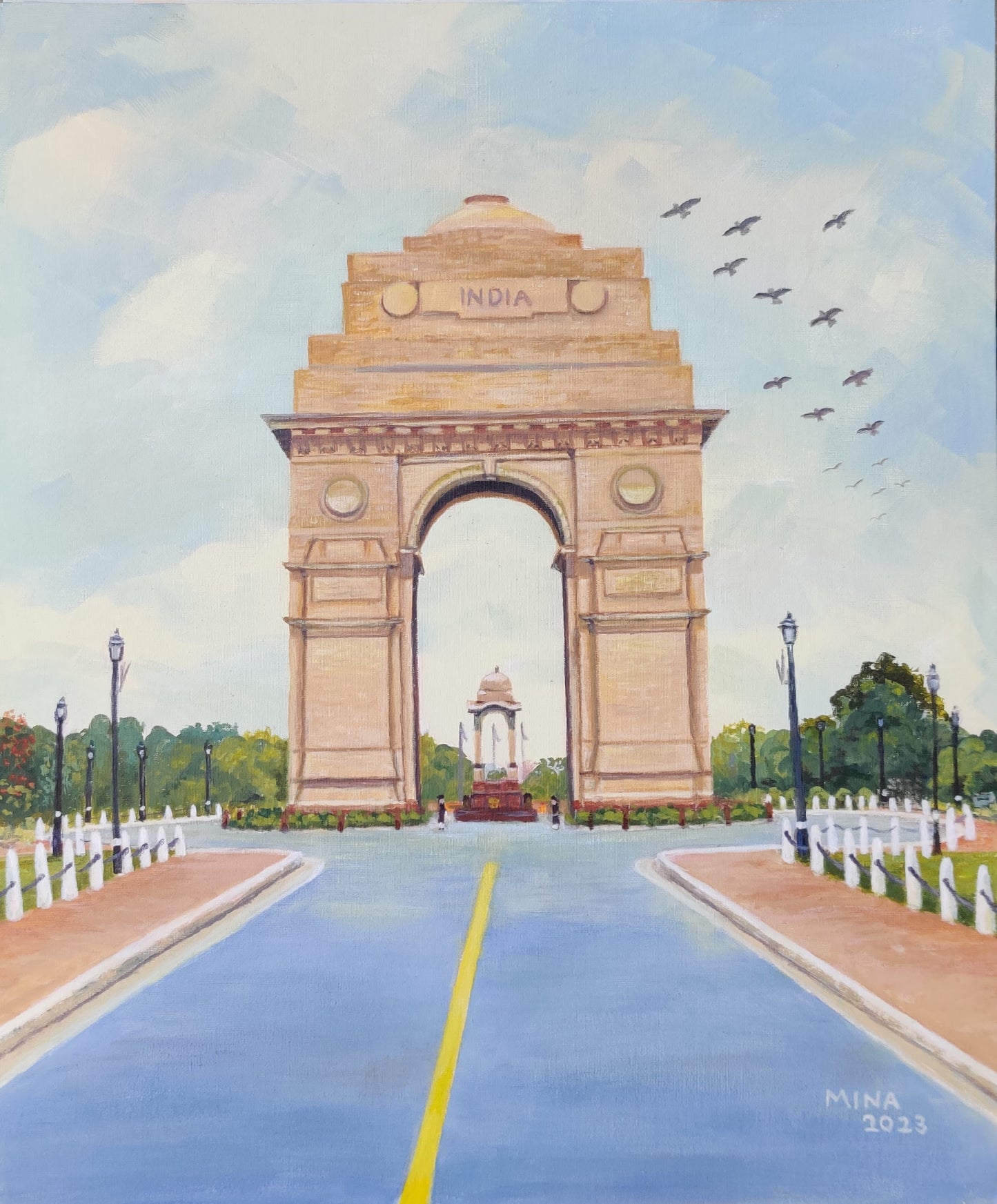 “India Gate illuminated at sunset in New Delhi, contemporary heritage painting by MINA exploring memory, architecture, and cultural identity.”