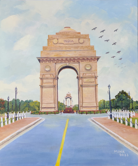 “India Gate illuminated at sunset in New Delhi, contemporary heritage painting by MINA exploring memory, architecture, and cultural identity.”
