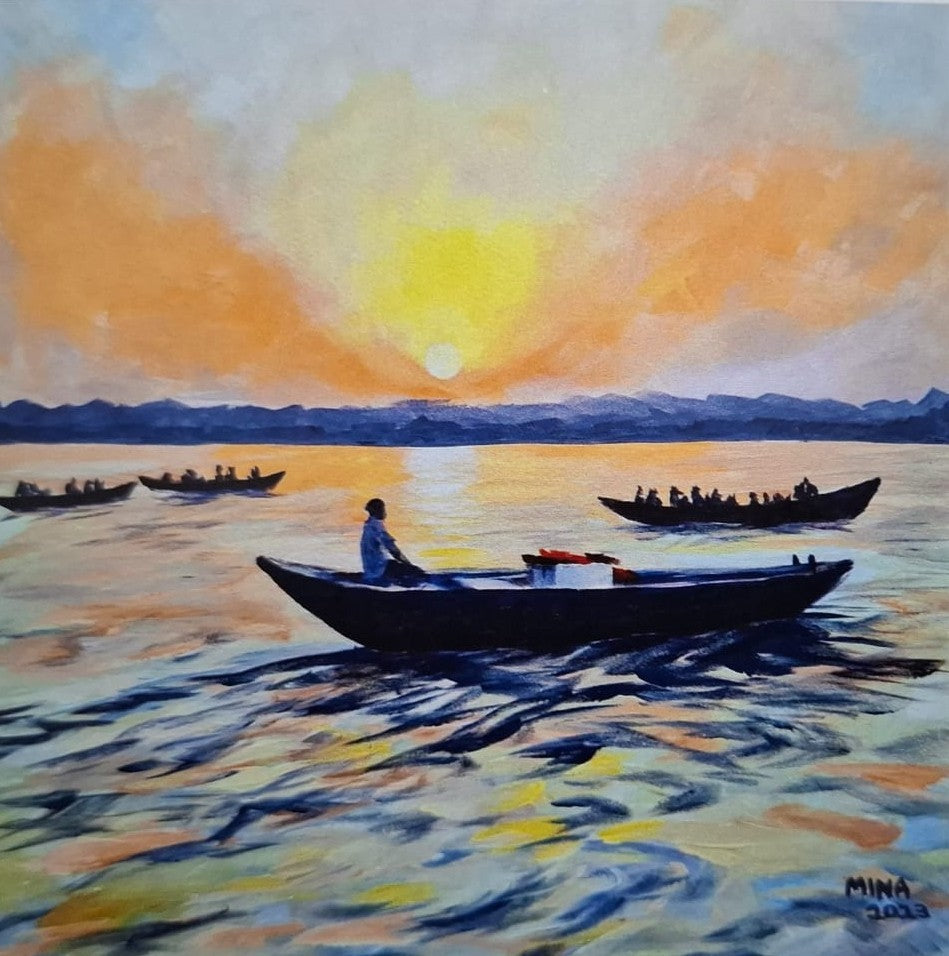 “Golden sunrise over the River Ganges in Varanasi, contemporary atmospheric painting by MINA capturing light, reflection, and cultural memory.”