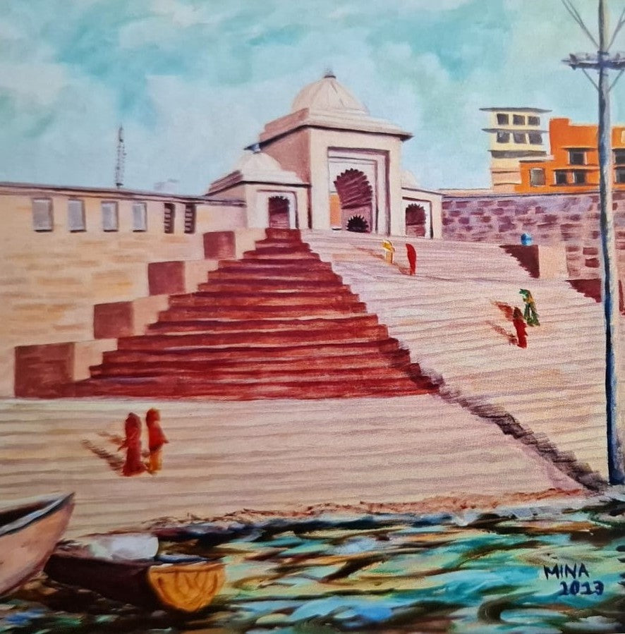 Golden Temple Steps - Varanasi, original acrylic painting by MINA depicting the broad historic steps leading towards the Golden Temple beside the Ganges in Varanasi, India.