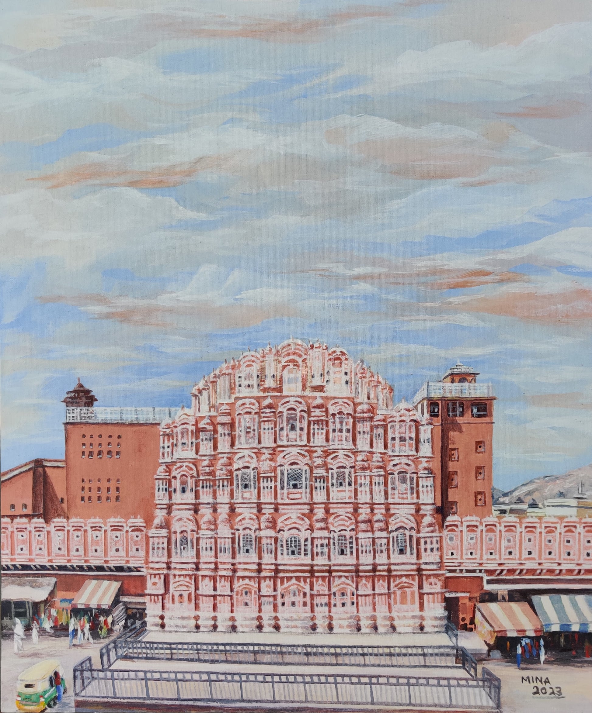 A luminous acrylic study of Jaipur's iconic Hawa Mahal, capturing the intricate honeycomb façade of the Palace of Winds beneath a sweeping, cloud-filled sky. Painted by Mina