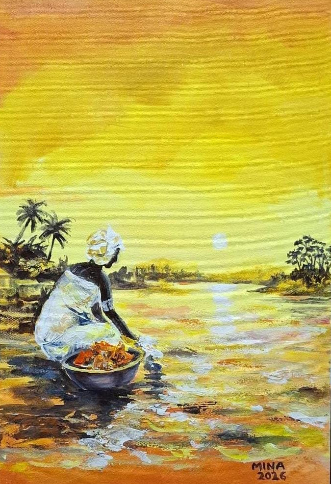 Original acrylic painting by MINA showing a Ghanaian woman working beside a river under a glowing sunset sky.