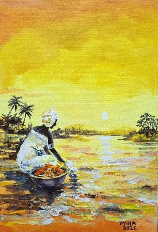 Original acrylic painting by MINA showing a Ghanaian woman working beside a river under a glowing sunset sky.