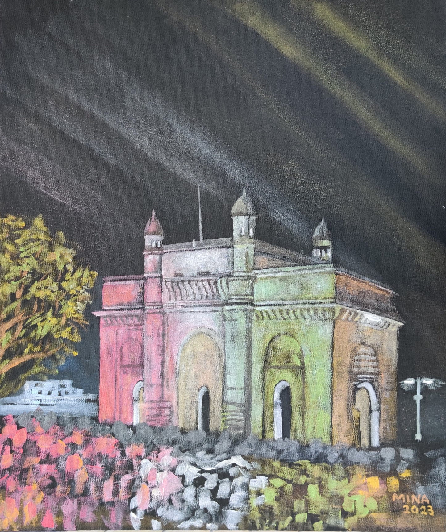 Independence Day Lights – Gateway to India, acrylic painting t showing the Gateway to India in Mumbai illuminated at night with colourful lights and a dramatic dark.  Acrylic on Canvas Board, 51 × 61 cm, Mumbai 2023, by MINA