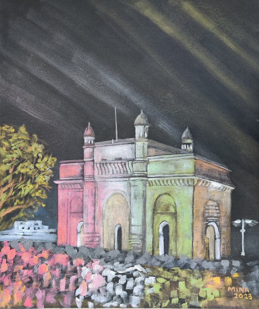 Independence Day Lights – Gateway to India, acrylic painting t showing the Gateway to India in Mumbai illuminated at night with colourful lights and a dramatic dark.  Acrylic on Canvas Board, 51 × 61 cm, Mumbai 2023, by MINA