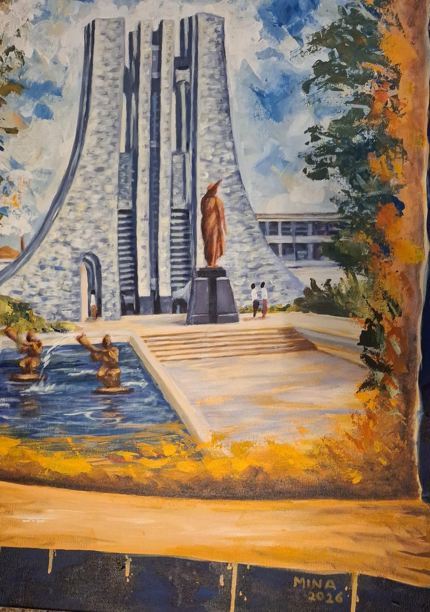 Acrylic painting by MINA of the Kwame Nkrumah Mausoleum in Accra, presented within an aged scroll format with fountain sculptures, statue, trees, and atmospheric sky. Close up 1