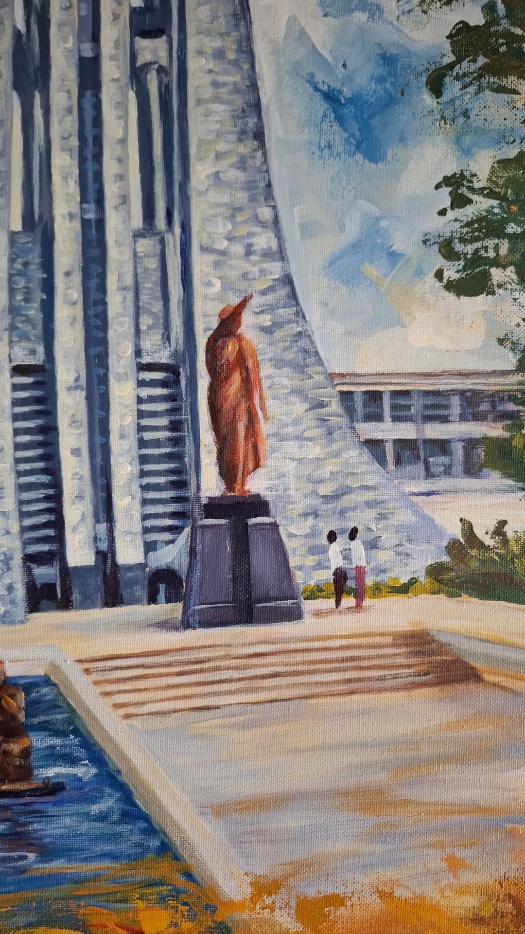 Acrylic painting by MINA of the Kwame Nkrumah Mausoleum in Accra, presented within an aged scroll format with fountain sculptures, statue, trees, and atmospheric sky. Close up 2