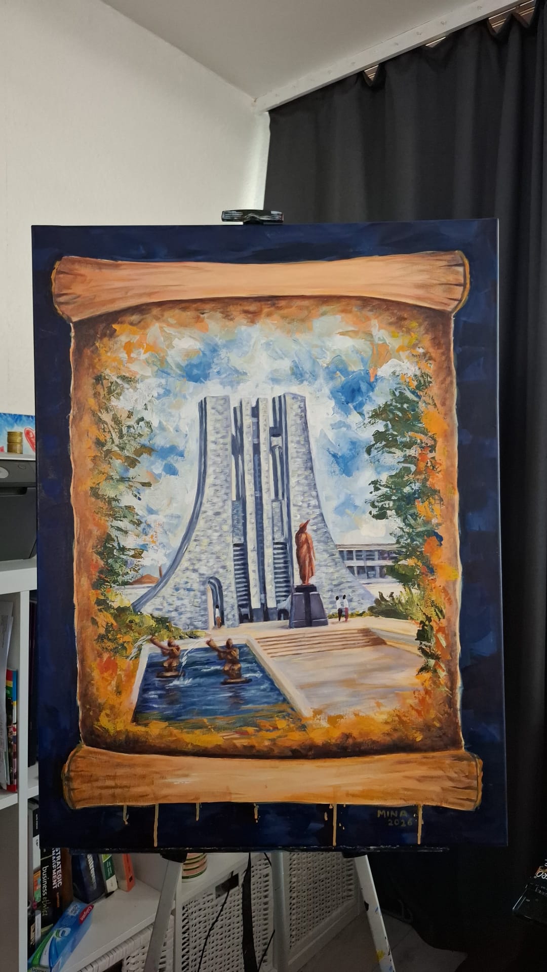 Acrylic painting by MINA of the Kwame Nkrumah Mausoleum in Accra, presented within an aged scroll format with fountain sculptures, statue, trees, and atmospheric sky. Painting on easel