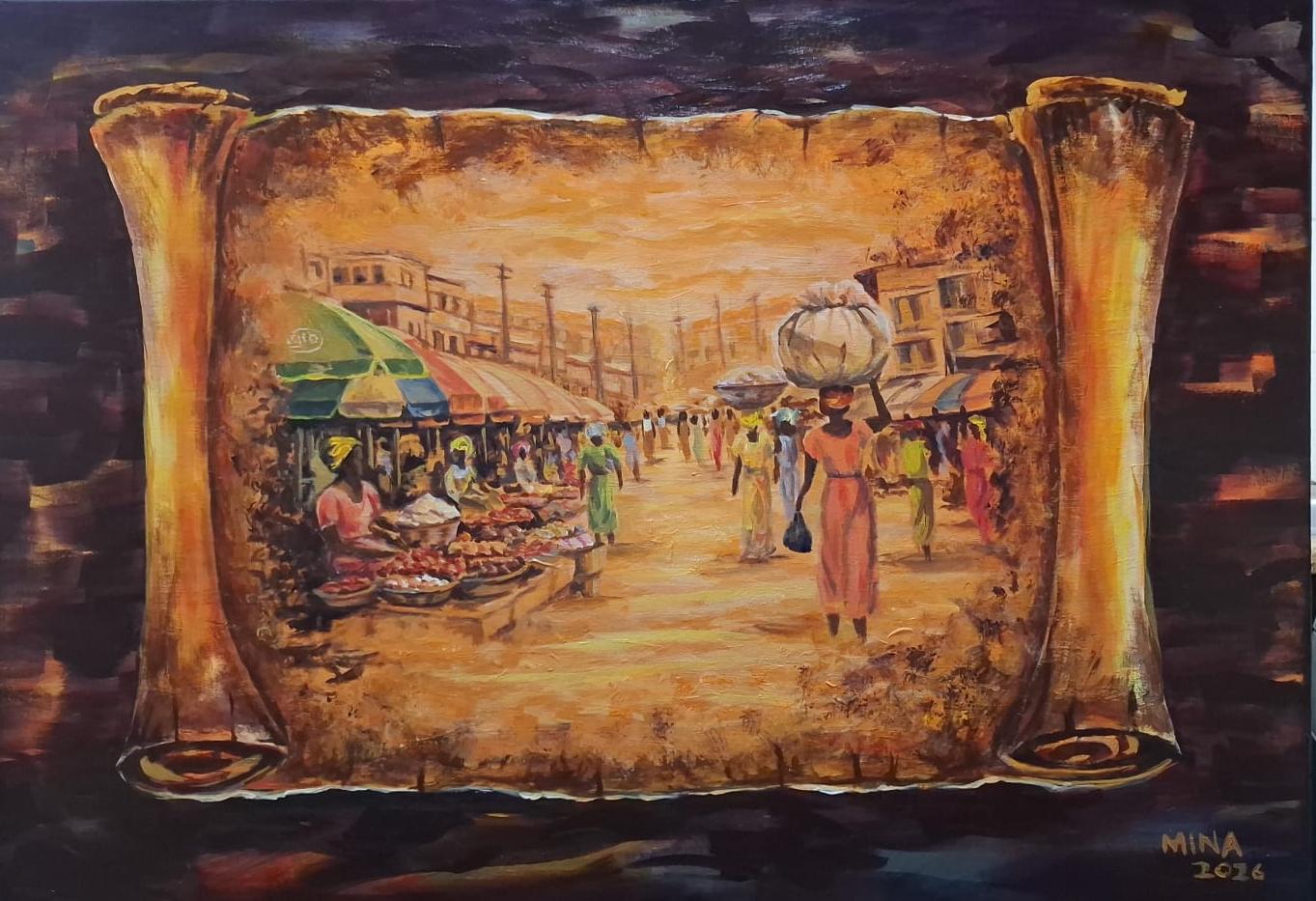 Acrylic painting by MINA titled Makola Market Women 1, showing a Ghanaian market scene within an aged scroll format, with women, market stalls, warm golden tones, and a central female figure carrying goods through Makola Market.