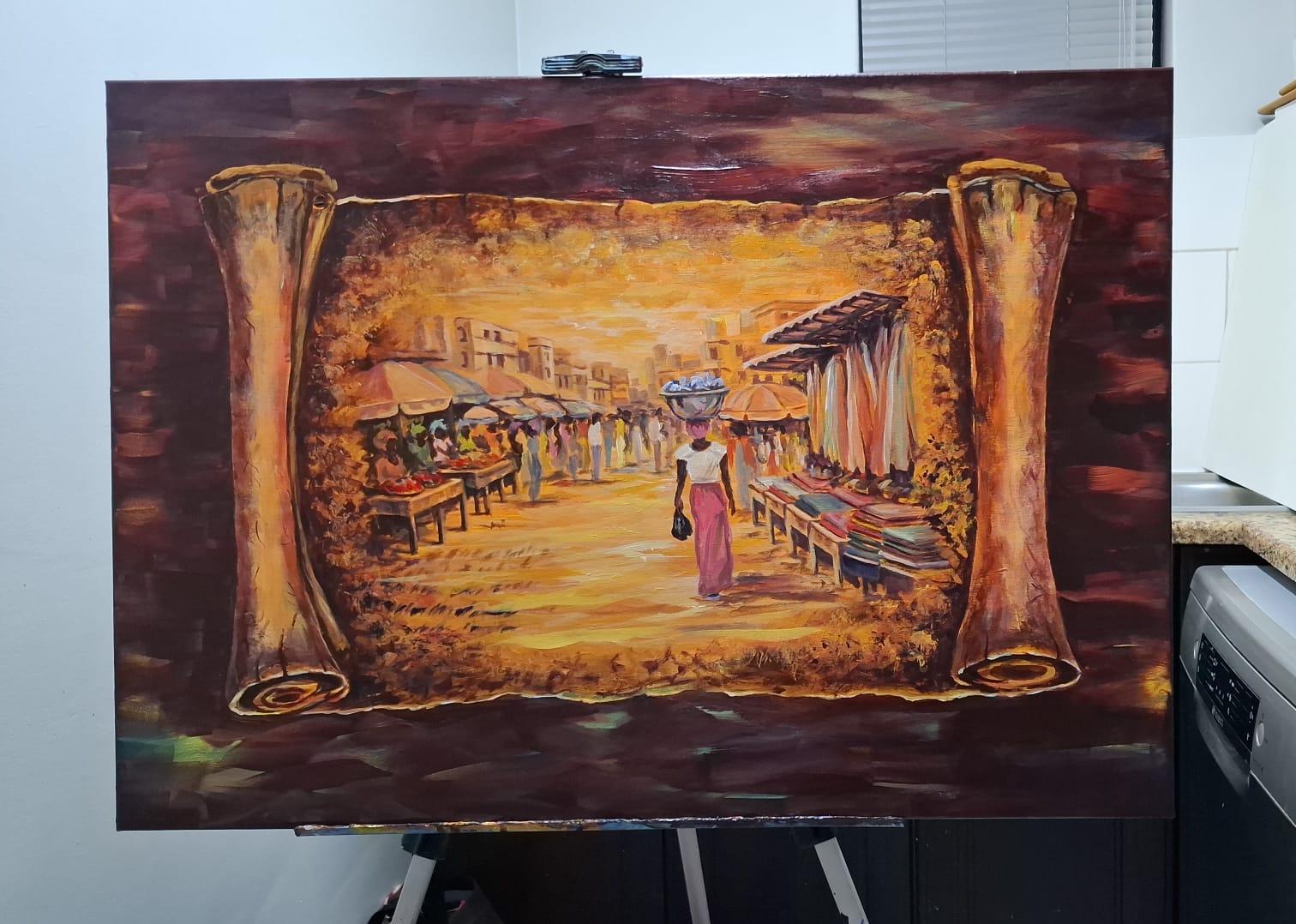 Acrylic painting by MINA titled Makola Market Women 1, showing a Ghanaian market scene within an aged scroll format, with women, market stalls, warm golden tones, and a central female figure carrying goods through Makola Market.
