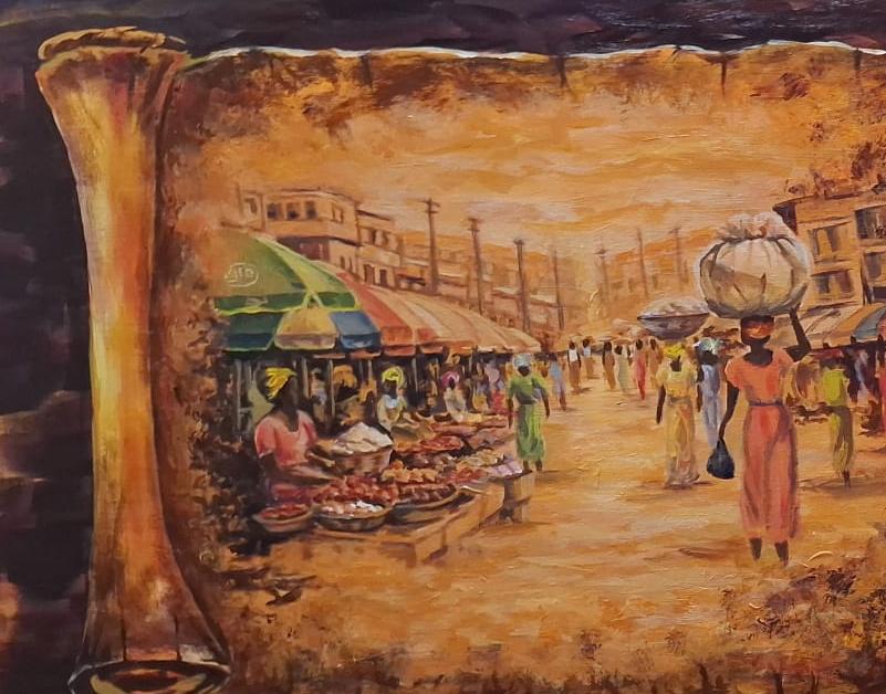 Acrylic painting by MINA titled Makola Market Women 1, showing a Ghanaian market scene within an aged scroll format, with women, market stalls, warm golden tones, and a central female figure carrying goods through Makola Market.
