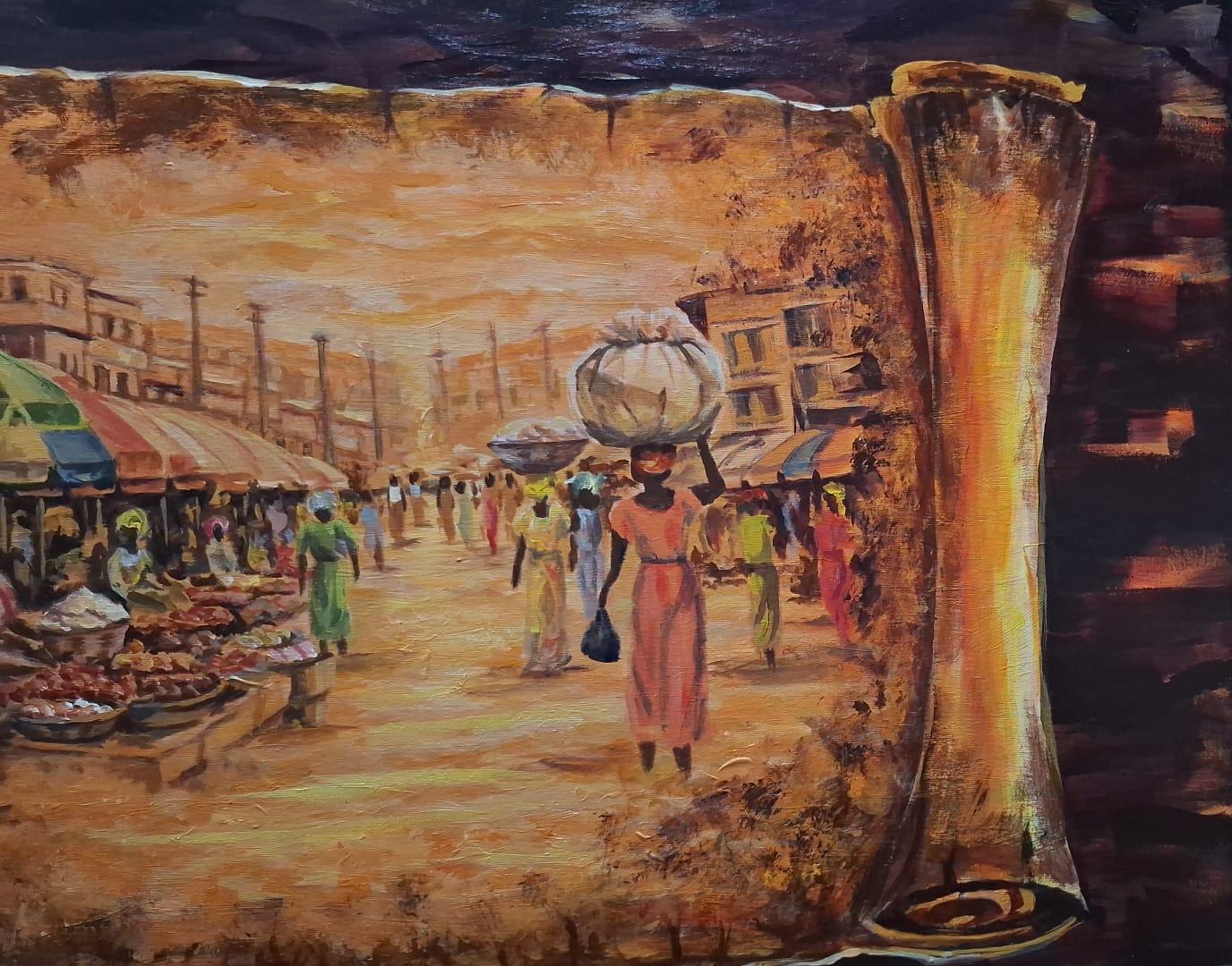 Acrylic painting by MINA titled Makola Market Women 1, showing a Ghanaian market scene within an aged scroll format, with women, market stalls, warm golden tones, and a central female figure carrying goods through Makola Market.