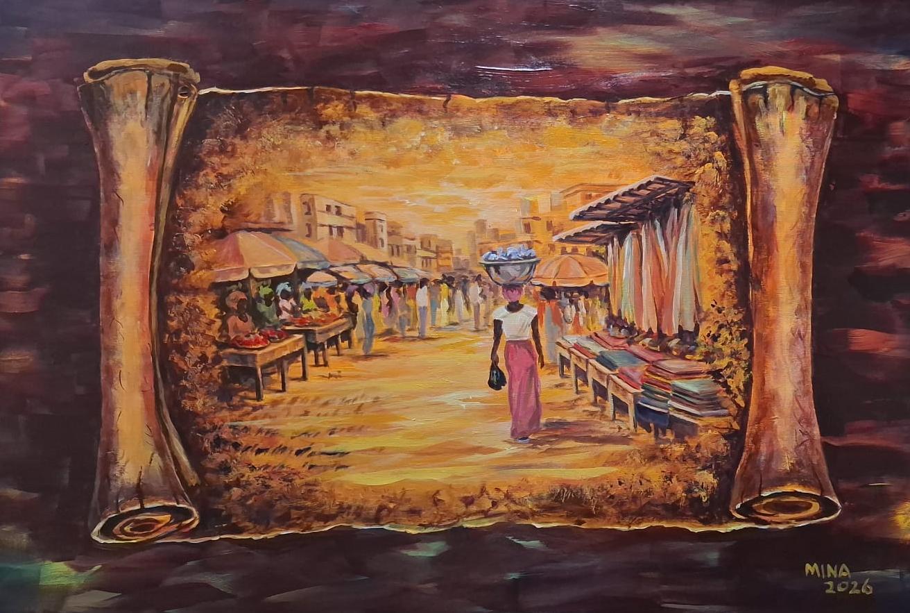 Acrylic painting by MINA titled Makola Market Women 2, showing a Ghanaian market scene within an aged scroll format, with women, market stalls, warm golden tones, and a central female figure carrying goods through Makola Market.
