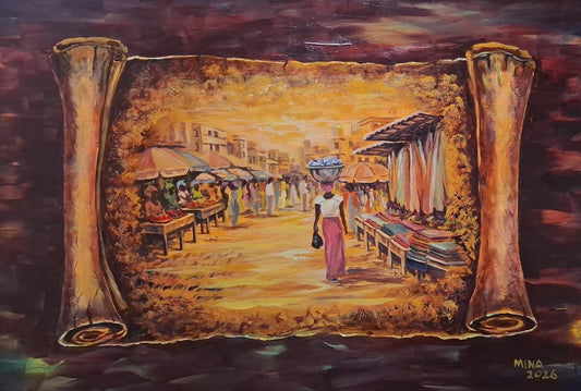 Acrylic painting by MINA titled Makola Market Women 2, showing a Ghanaian market scene within an aged scroll format, with women, market stalls, warm golden tones, and a central female figure carrying goods through Makola Market.