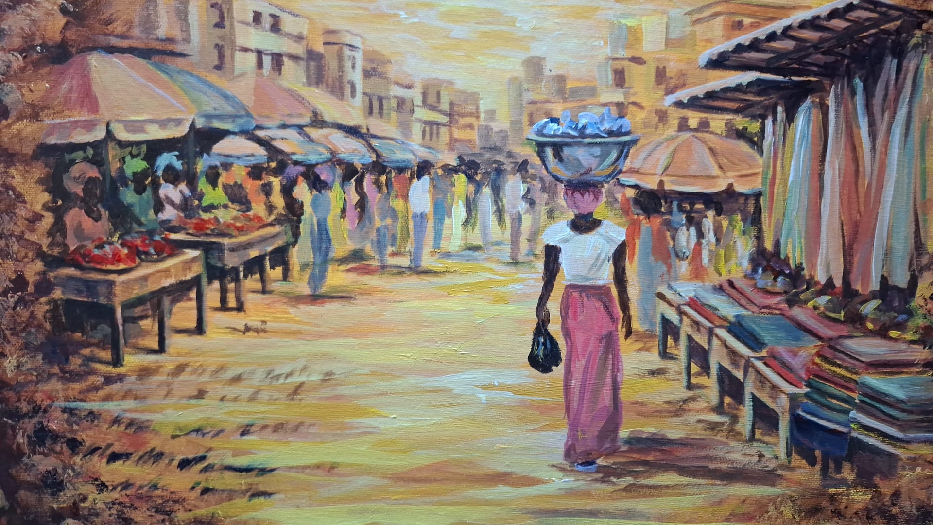 Acrylic painting by MINA titled Makola Market Women 2, showing a Ghanaian market scene within an aged scroll format, with women, market stalls, warm golden tones, and a central female figure carrying goods through Makola Market.