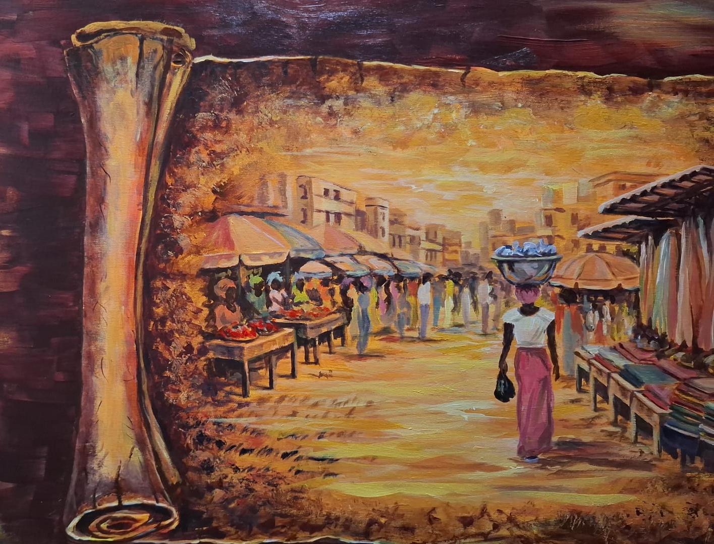Acrylic painting by MINA titled Makola Market Women 2, showing a Ghanaian market scene within an aged scroll format, with women, market stalls, warm golden tones, and a central female figure carrying goods through Makola Market.