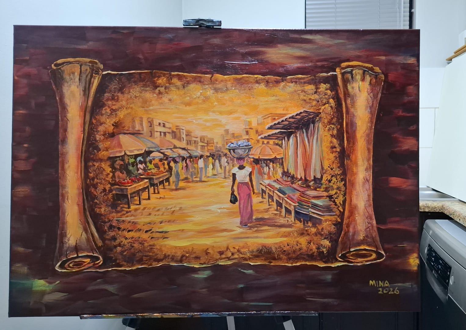 Acrylic painting by MINA titled Makola Market Women 2, showing a Ghanaian market scene within an aged scroll format, with women, market stalls, warm golden tones, and a central female figure carrying goods through Makola Market.