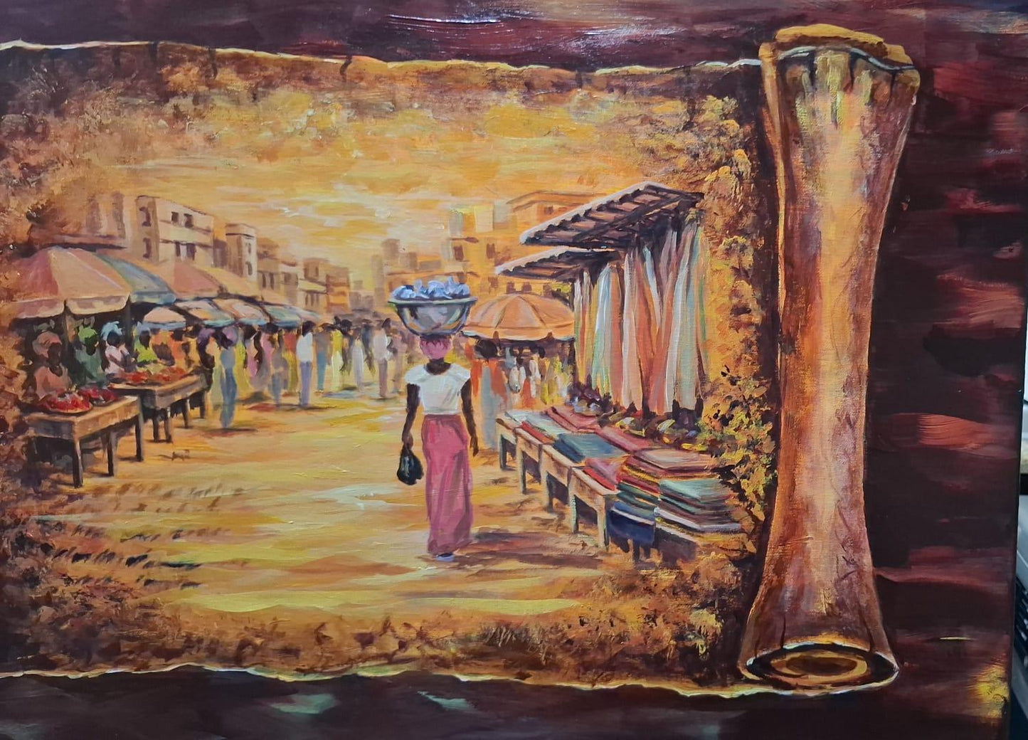 Acrylic painting by MINA titled Makola Market Women 2, showing a Ghanaian market scene within an aged scroll format, with women, market stalls, warm golden tones, and a central female figure carrying goods through Makola Market.